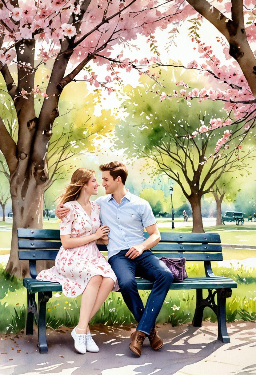 A nostalgic scene depicting a young couple sitting on a park bench, wrapped in a warm embrace, surrounded by cherry blossom trees in full bloom. Their faces radiate joy and tenderness as they share a moment of laughter, with soft sunlight filtering through the leaves. In the background, soft colors blend to create a dreamy atmosphere, evoking a sense of cherished memories. watercolor painting. pastel colors. romantic atmosphere.
