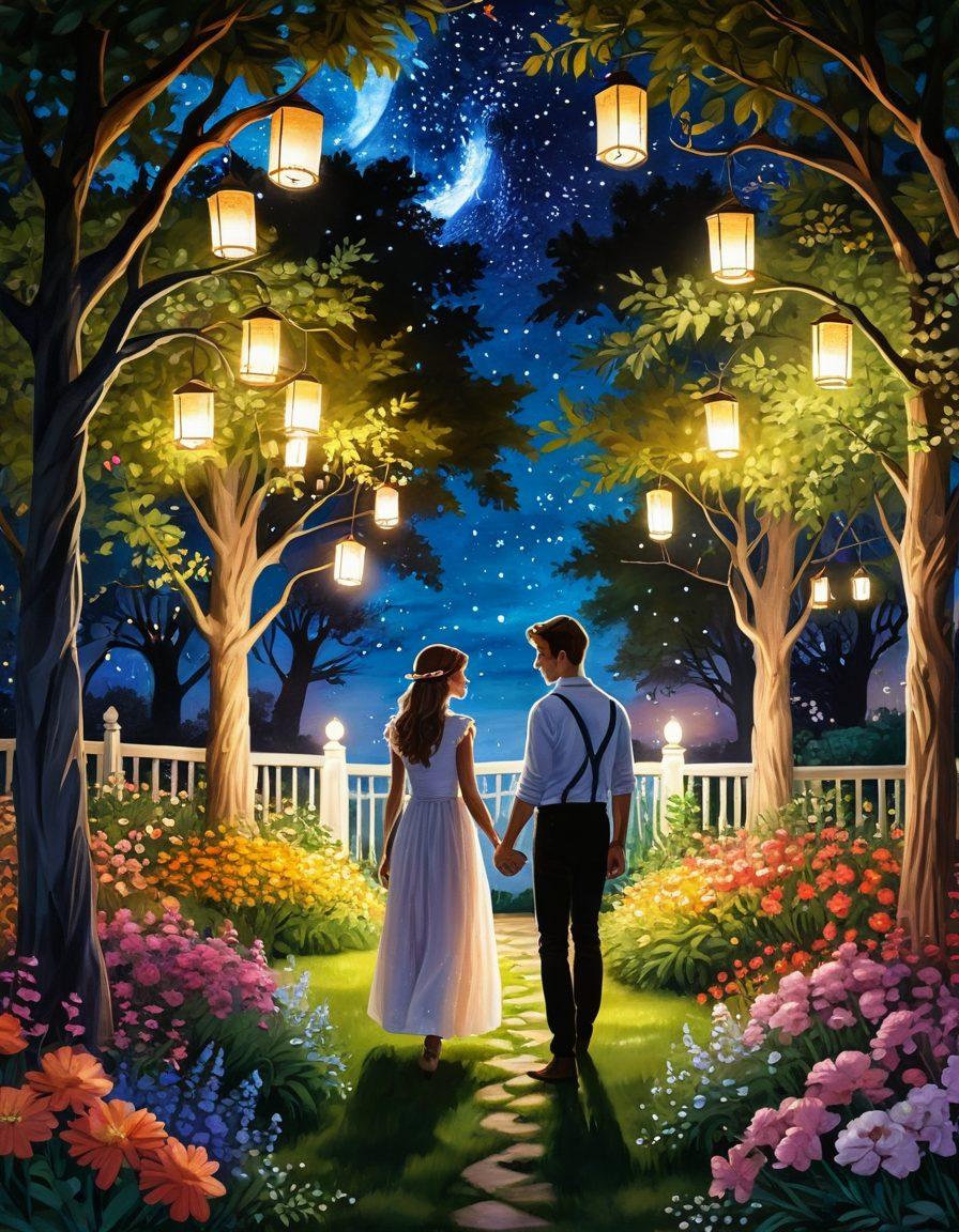 A whimsical illustration of a young couple in a lush, enchanting garden, surrounded by blooming flowers and soft, glowing lanterns. They are holding hands, gazing into each other's eyes with expressions of love and happiness. In the background, a twinkling starry sky is visible, symbolizing serenity and romance. The scene is infused with vibrant colors and gentle, dreamlike elements to capture the essence of initial romance. painting. vibrant colors.